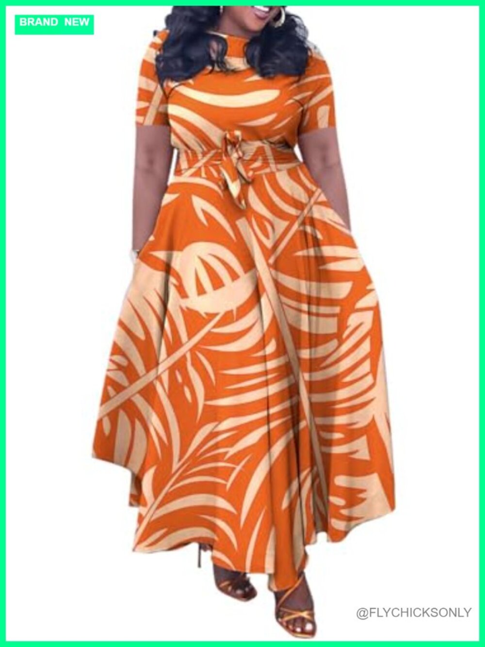 Plus Size A-Line Maxi Dress 3/4 Sleeve Belted Casual Women's Long Dress